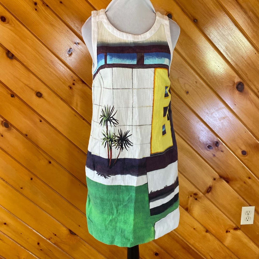 Anthropologie Tropical Pool Scene Sleeveless Shift Dress Blue Green Cotton Blend